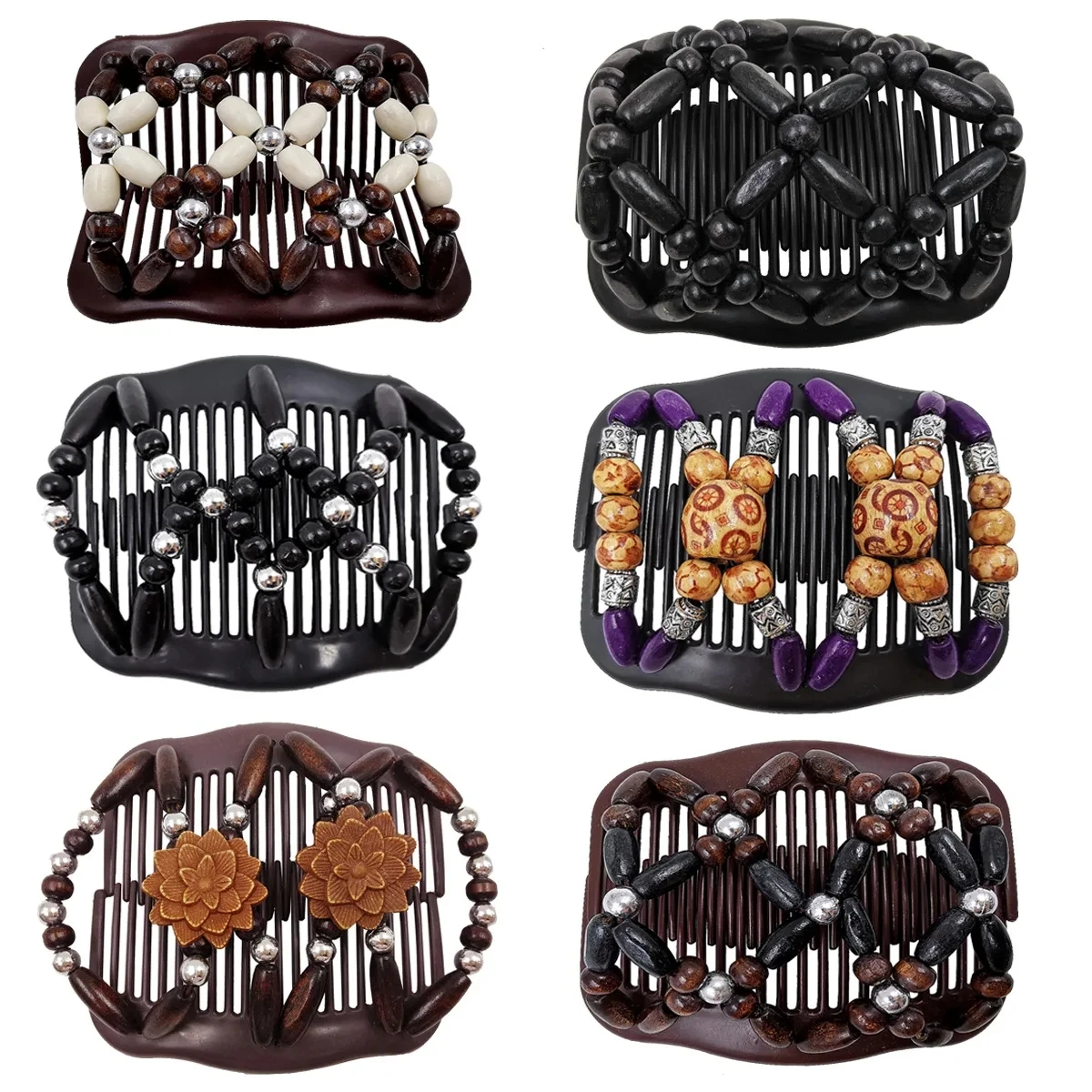 barrette lot 6 peignes élastiques en perle de bois jaune