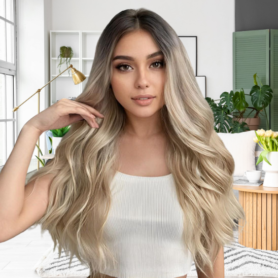 femme porte perruque blonde ombrée chez elle