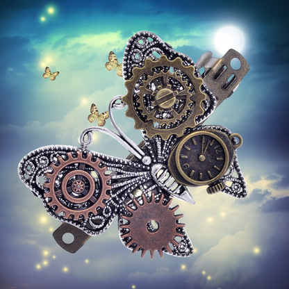 barrette cheveux femme montre sur fond nuit lune papillons