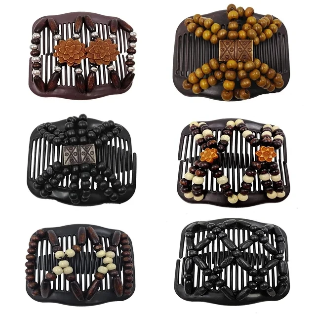 barrette lot 6 peignes élastiques en perle de bois noir