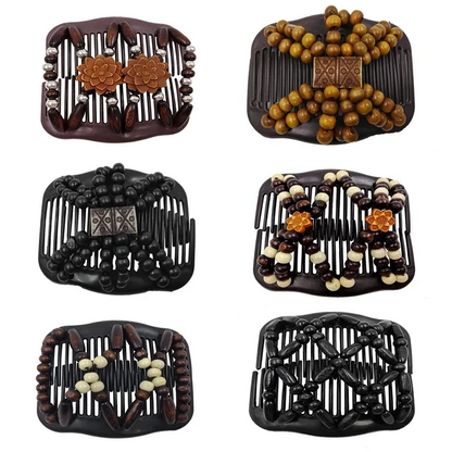 barrette lot 6 peignes élastiques en perle de bois noir