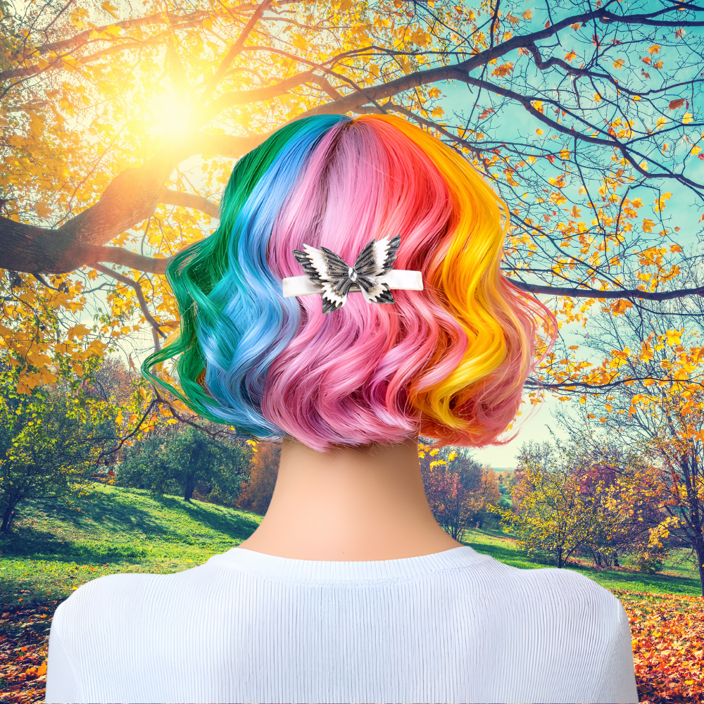 femme marche dans pré en automne avec barrette cheveux