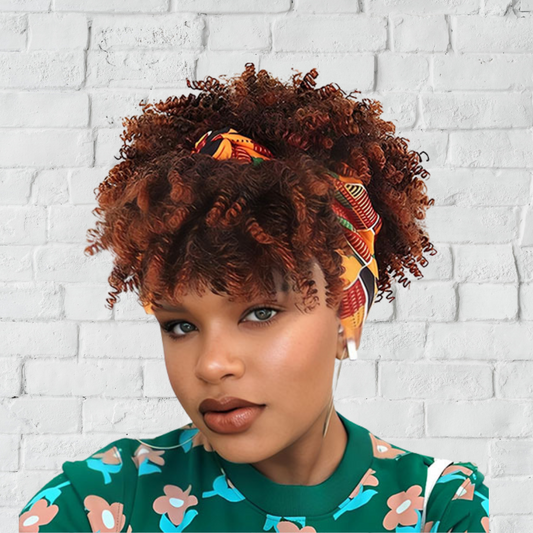 femme porte perruque afro couleur brun en photo