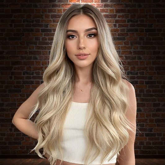 femme porte perruque blonde ombrée en photo