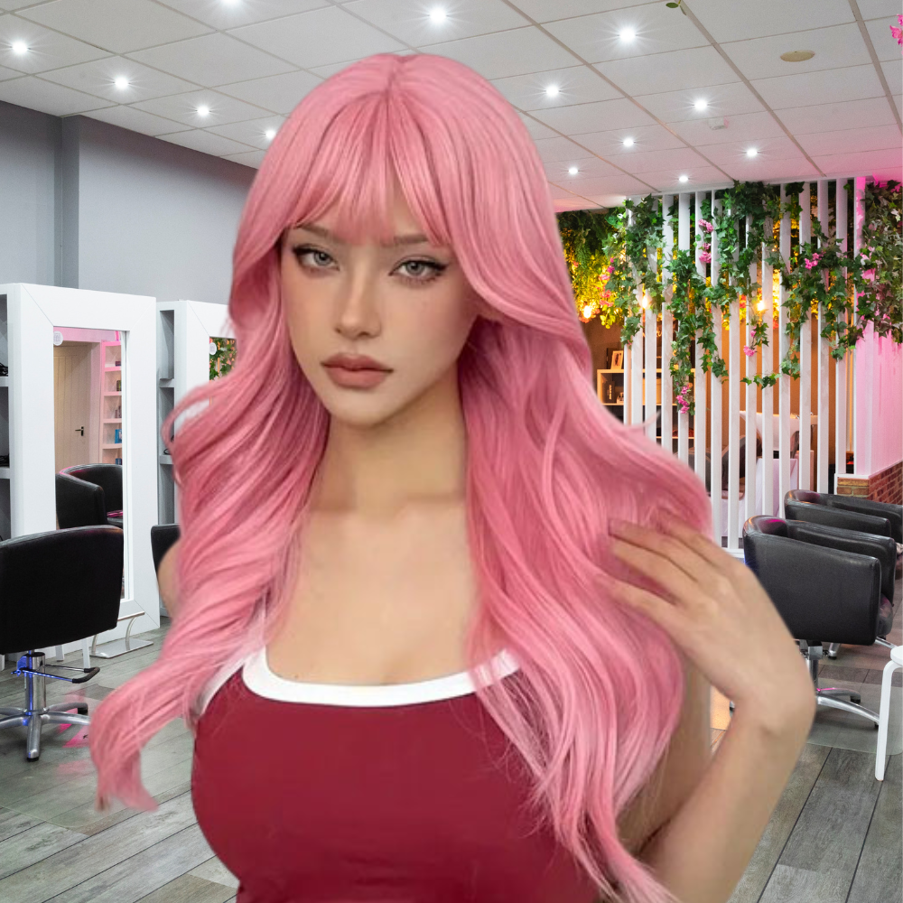 femme porte perruque femme rose au salon coiffure