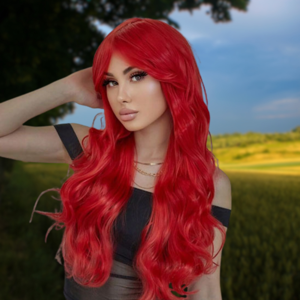 femme porte perruque femme rouge en campagne